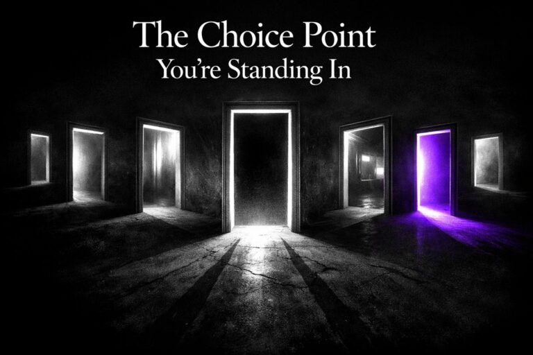 Several glowing geometric doorways branching from a single threshold, monochrome with violet accent light