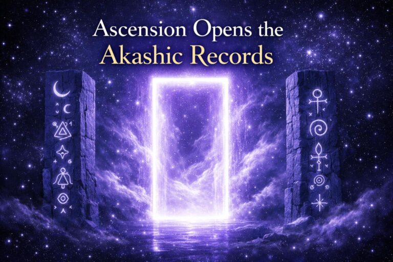 Glowing violet doorway of light symbolizing ascension opening the Akashic records