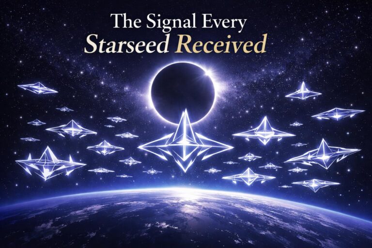 Fleet of glowing geometric light-ships in deep indigo and violet space above Earth, representing the Ashtar Command channeled message