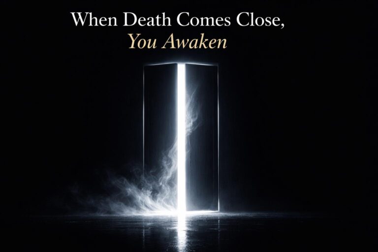 A glowing white doorway of light cracked open in darkness, symbolizing a near-death spiritual awakening