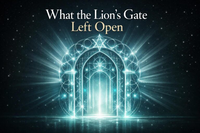 Glowing teal and cyan sacred-geometry portal doorway of light, representing the Council of Light channeled message about the Lion's Gate