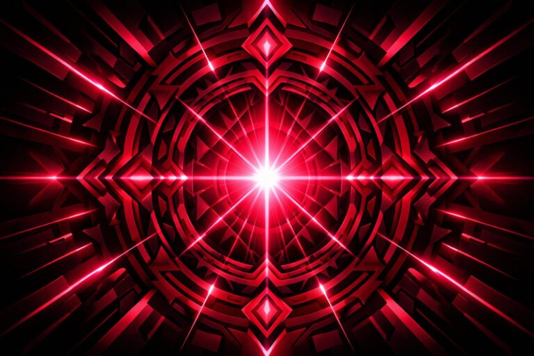 A geometric portal of crimson and black sacred geometry with hot pink light accents