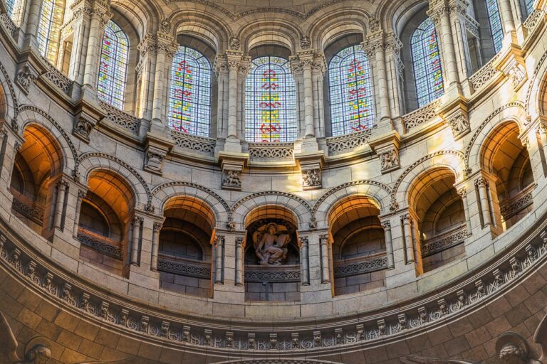 Ornate stained glass architecture with sacred geometric patterns