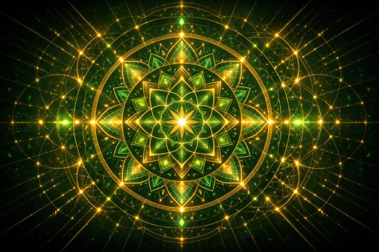 A geometric mandala pattern glowing in emerald green and gold
