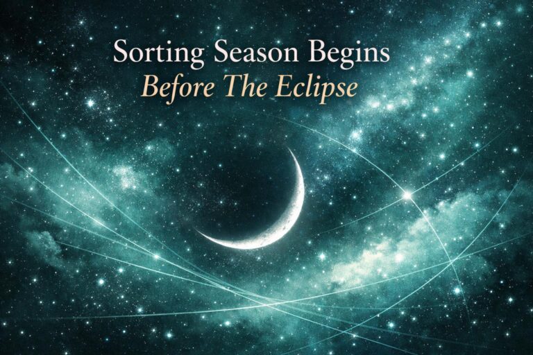 Abstract teal and cyan cosmic art of a waxing crescent moon and star field with the text Sorting Season Begins Before The Eclipse