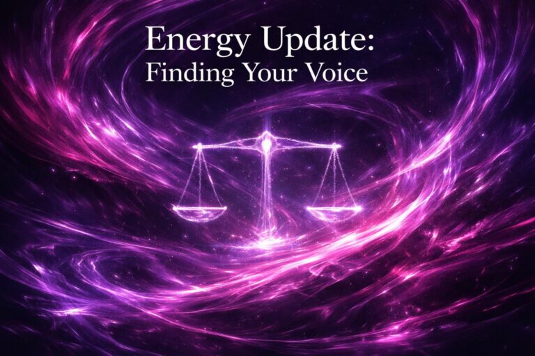 Abstract swirling storm of magenta and purple light with glowing balance scales, representing collective energy weather