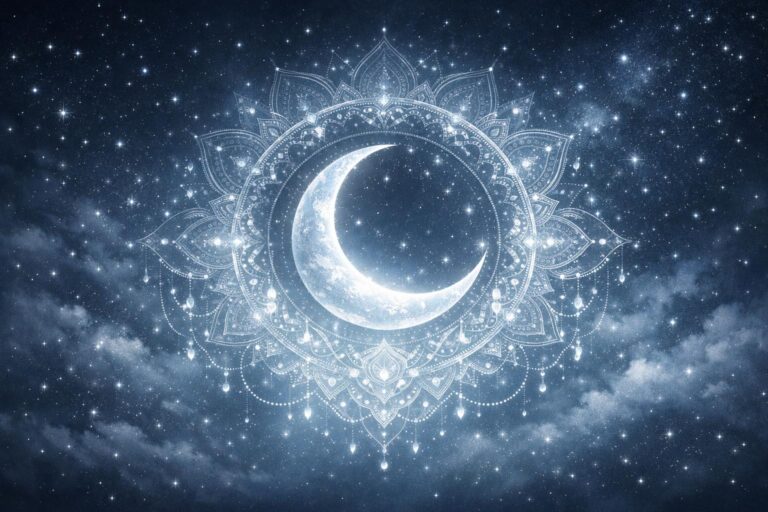 Fragile crescent moon wrapped in mandala light patterns against a starry night sky