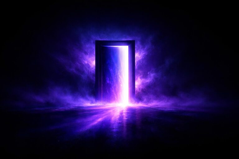 A glowing indigo and violet doorway with light spilling through its threshold