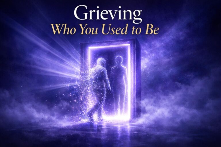 A glowing violet doorway with a translucent figure dissolving into light, symbolizing the grief of spiritual awakening and letting go of a former self