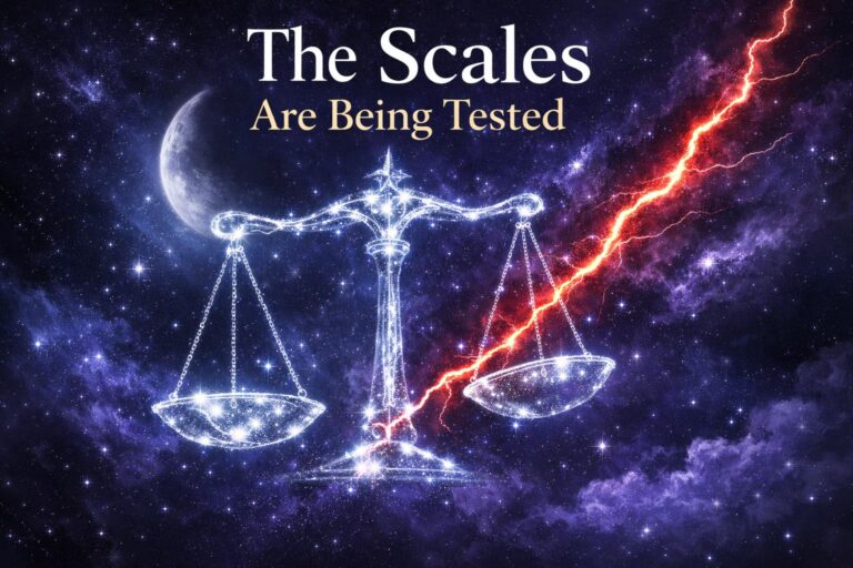 Glowing celestial scales in deep indigo and violet cosmic space, symbolizing the Libra Moon squared by Mars