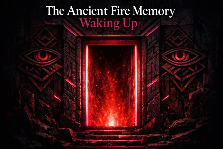 Ancient stone doorway carved with lion-eye sacred geometry glowing with crimson and hot pink ember light, representing the Lyran ancient fire memory