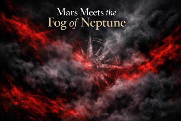 Abstract crimson red energy and black smoke swirling around a dissolving compass, symbolizing Mars square Neptune
