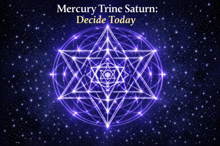 Glowing electric violet sacred geometry mandala built from interlocking triangles against a deep indigo starfield, symbolizing the Mercury trine Saturn aspect