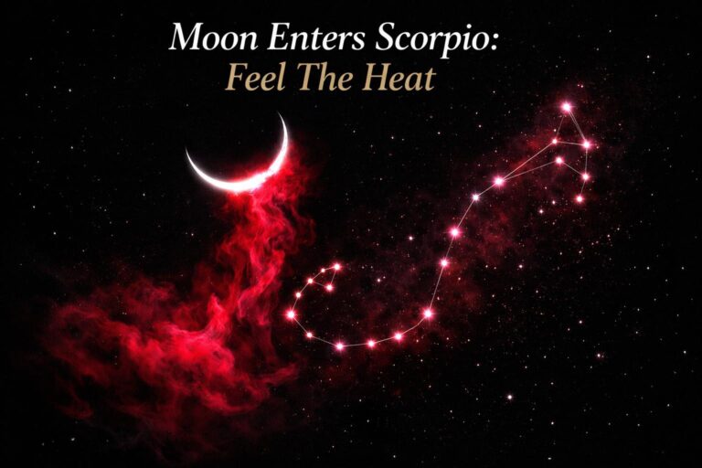 Crescent moon dissolving into crimson smoke with a scorpion constellation traced in light against a black night sky, symbolizing the Moon's shift into Scorpio