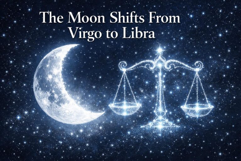 Detailed crescent moon with starlight balance scales against a blue starfield, representing the moon's shift into Libra