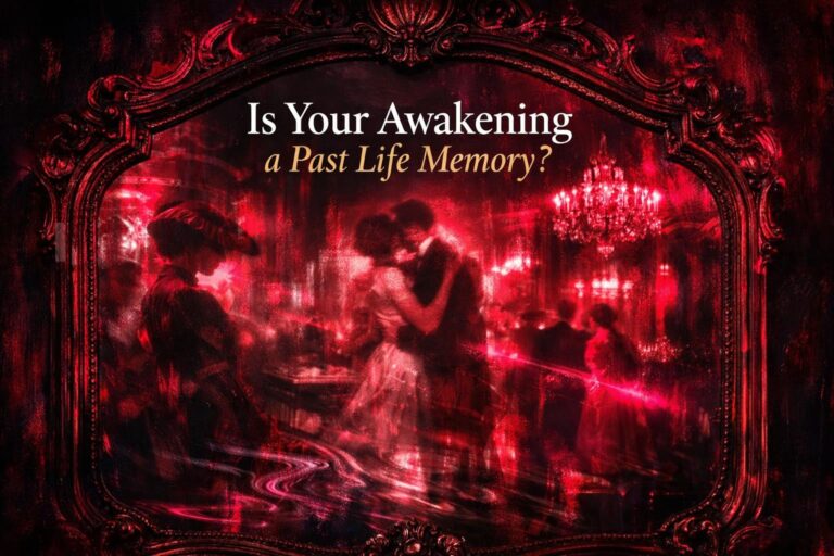 An ornate antique mirror reflecting a faded scene from another era, symbolizing a spiritual awakening connected to a past life memory