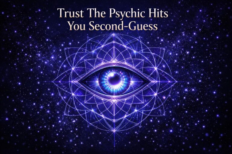 Abstract glowing third eye mandala in indigo and violet with text about trusting psychic hits