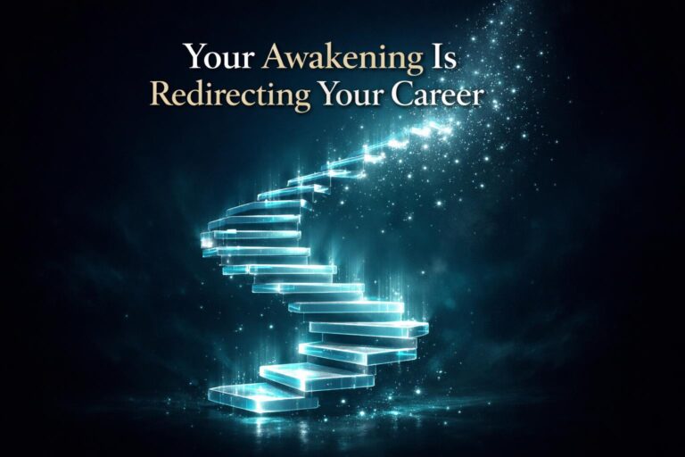 A glowing teal and cyan spiral staircase of light ascending into darkness, symbolizing a career redirected by spiritual awakening