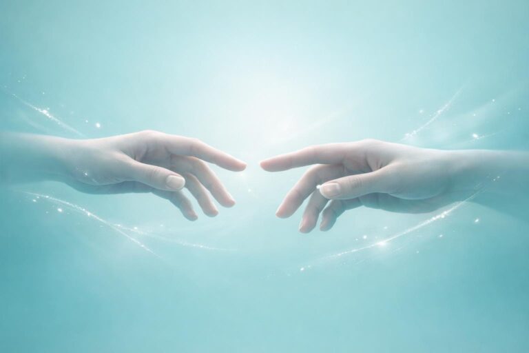 Two hands reaching toward each other in soft teal and cyan light