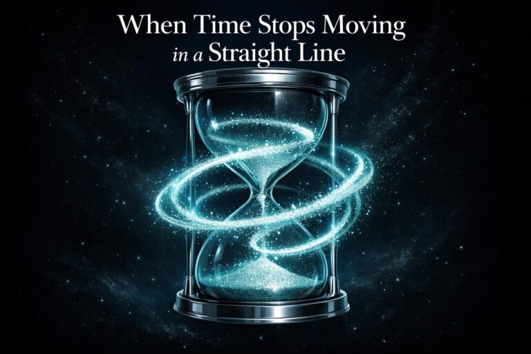 Surreal hourglass with glowing sand suspended in a spiral loop, teal and cyan tones