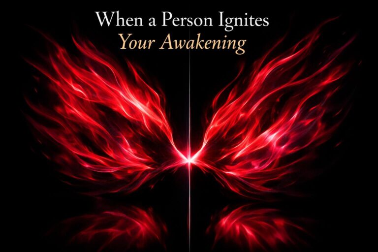 Two abstract flame shapes of light facing each other across a mirrored threshold, crimson and black