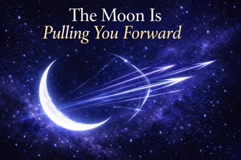 Crescent moon glowing against a deep indigo and violet star field, symbolizing the waxing moon building toward its first quarter in Sagittarius