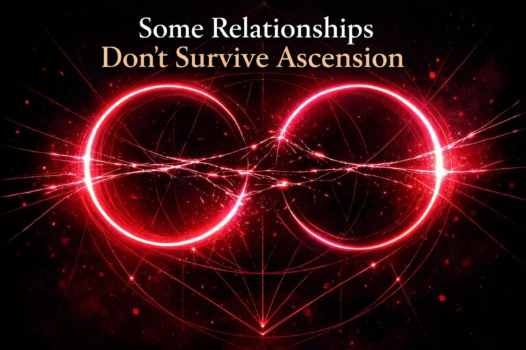 Abstract crimson and black sacred geometry art of two glowing circles pulling apart with the text Some Relationships Don't Survive Ascension